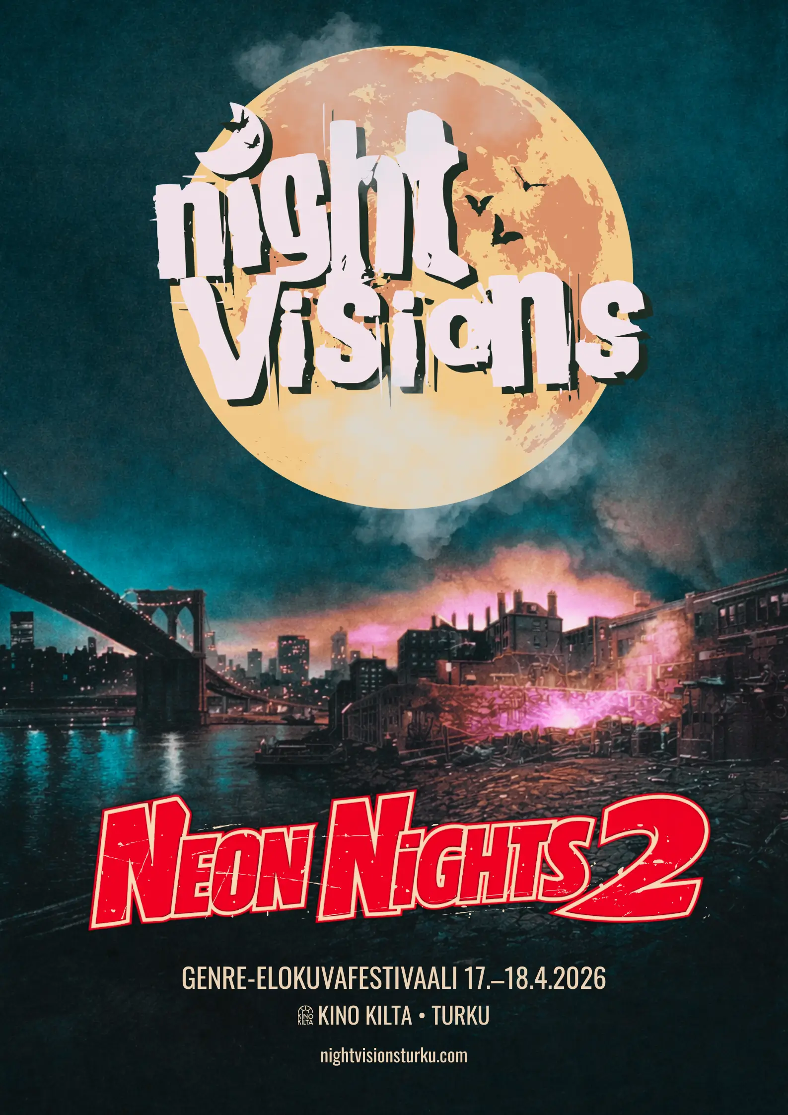 Night Visions Turku - Neon Nights 2 -juliste, 17.–18.4.2026, Kino Kilta, Turku